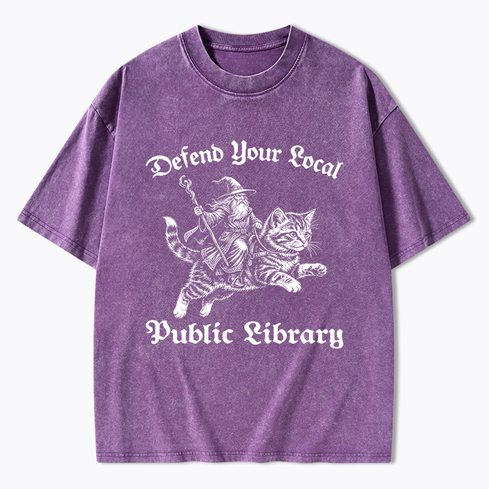 Defend Your Local Public Library Fantasy Wizard Cat Washed T-Shirt