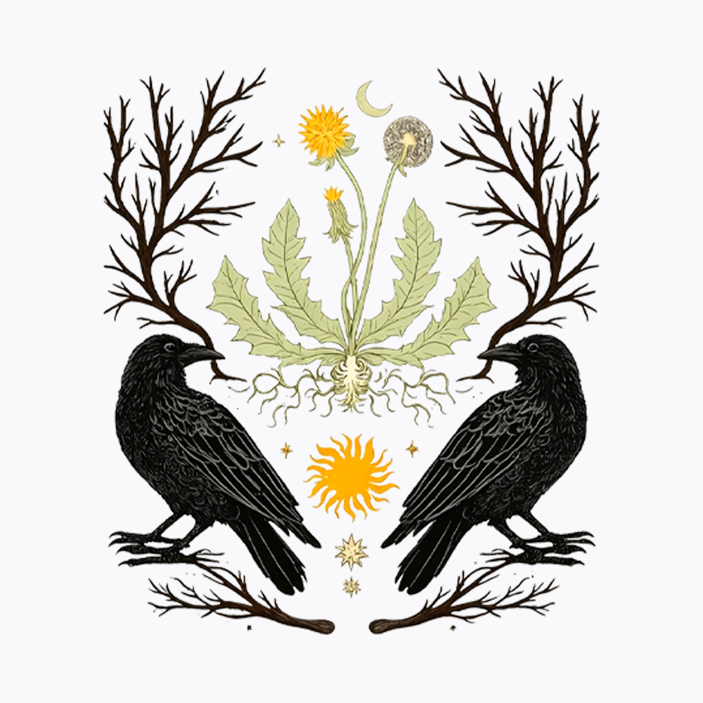 Ostara Raven Witchy Nature Dandelion Washed T-Shirt