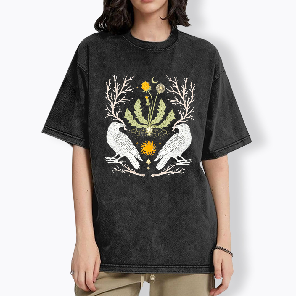 Ostara Raven Witchy Nature Dandelion Washed T-Shirt