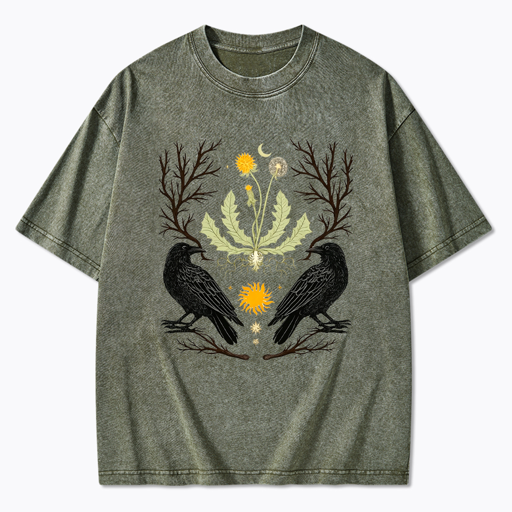 Ostara Raven Witchy Nature Dandelion Washed T-Shirt