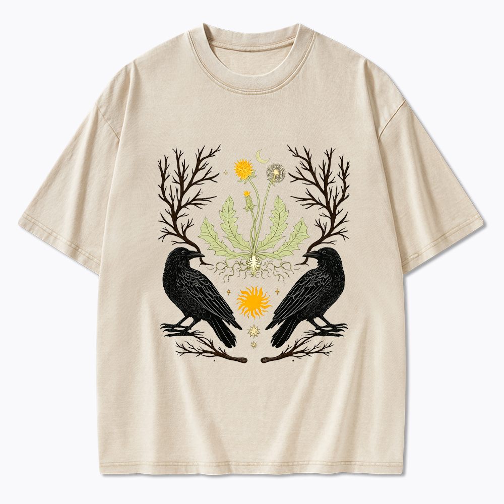 Ostara Raven Witchy Nature Dandelion Washed T-Shirt
