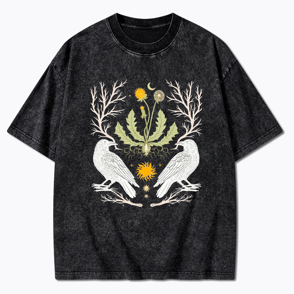 Ostara Raven Witchy Nature Dandelion Washed T-Shirt