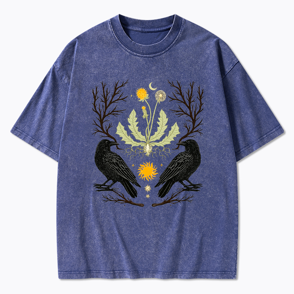 Ostara Raven Witchy Nature Dandelion Washed T-Shirt