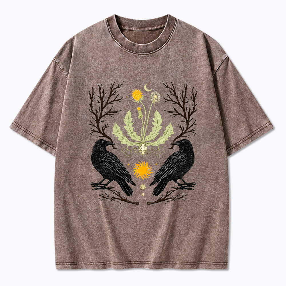 Ostara Raven Witchy Nature Dandelion Washed T-Shirt