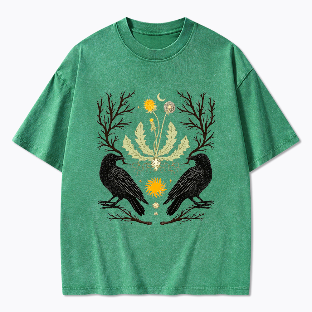 Ostara Raven Witchy Nature Dandelion Washed T-Shirt
