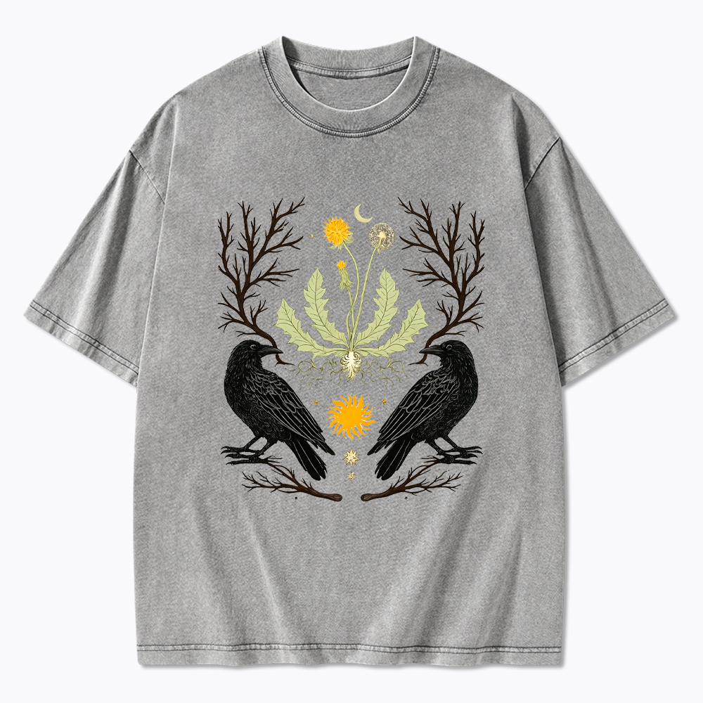 Ostara Raven Witchy Nature Dandelion Washed T-Shirt