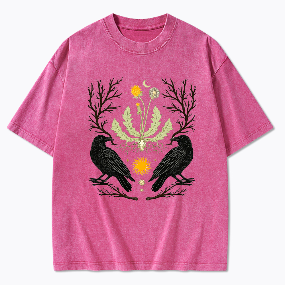 Ostara Raven Witchy Nature Dandelion Washed T-Shirt