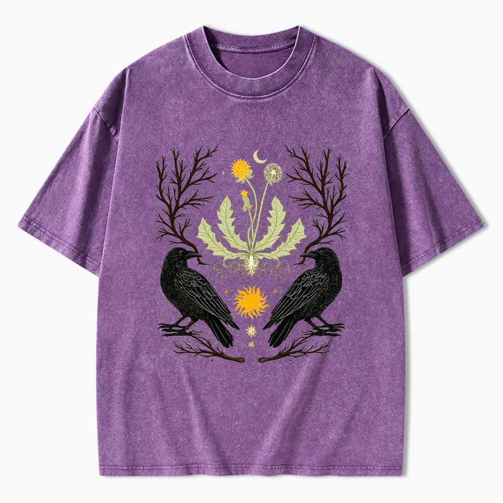 Ostara Raven Witchy Nature Dandelion Washed T-Shirt