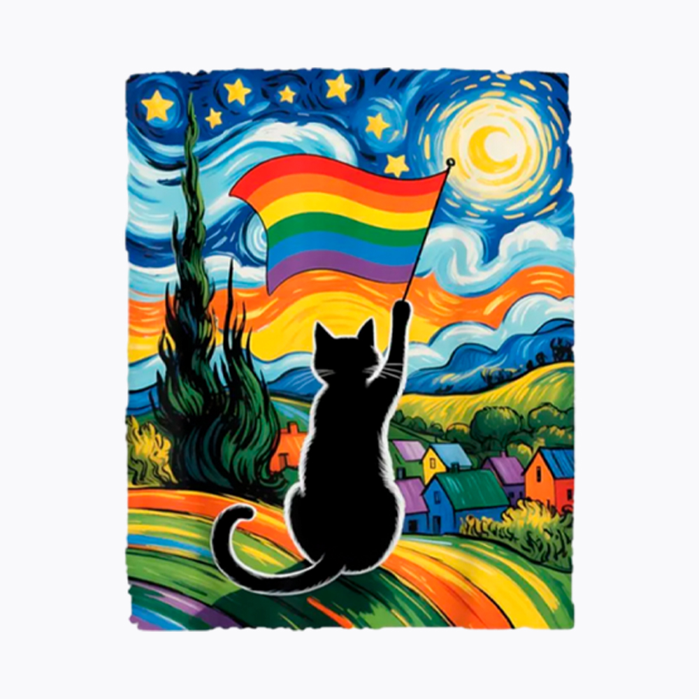 LGBTQ Star Night Impressionist Cat Washed T-Shirt