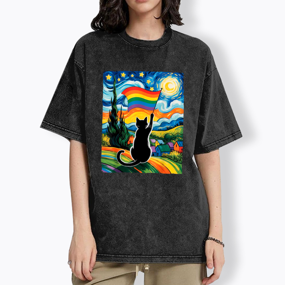 LGBTQ Star Night Impressionist Cat Washed T-Shirt