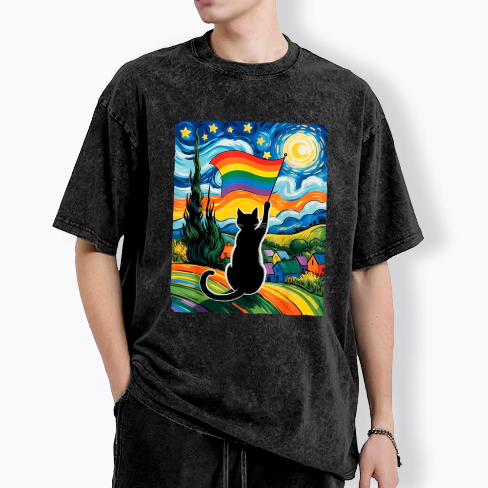 LGBTQ Star Night Impressionist Cat Washed T-Shirt