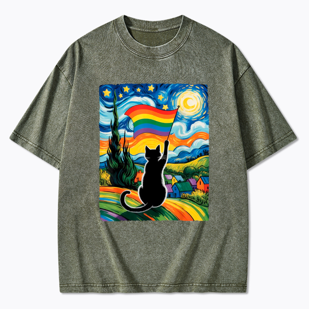 LGBTQ Star Night Impressionist Cat Washed T-Shirt