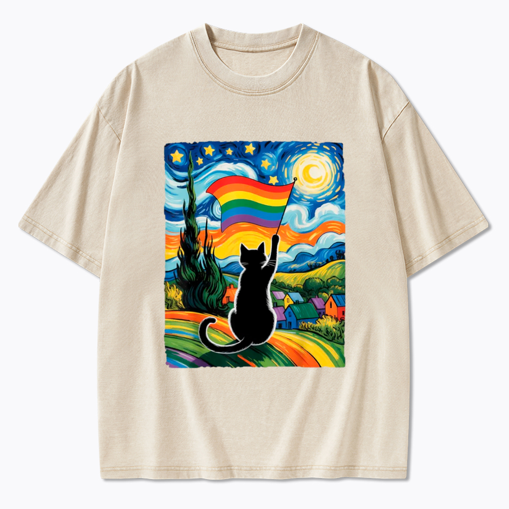 LGBTQ Star Night Impressionist Cat Washed T-Shirt