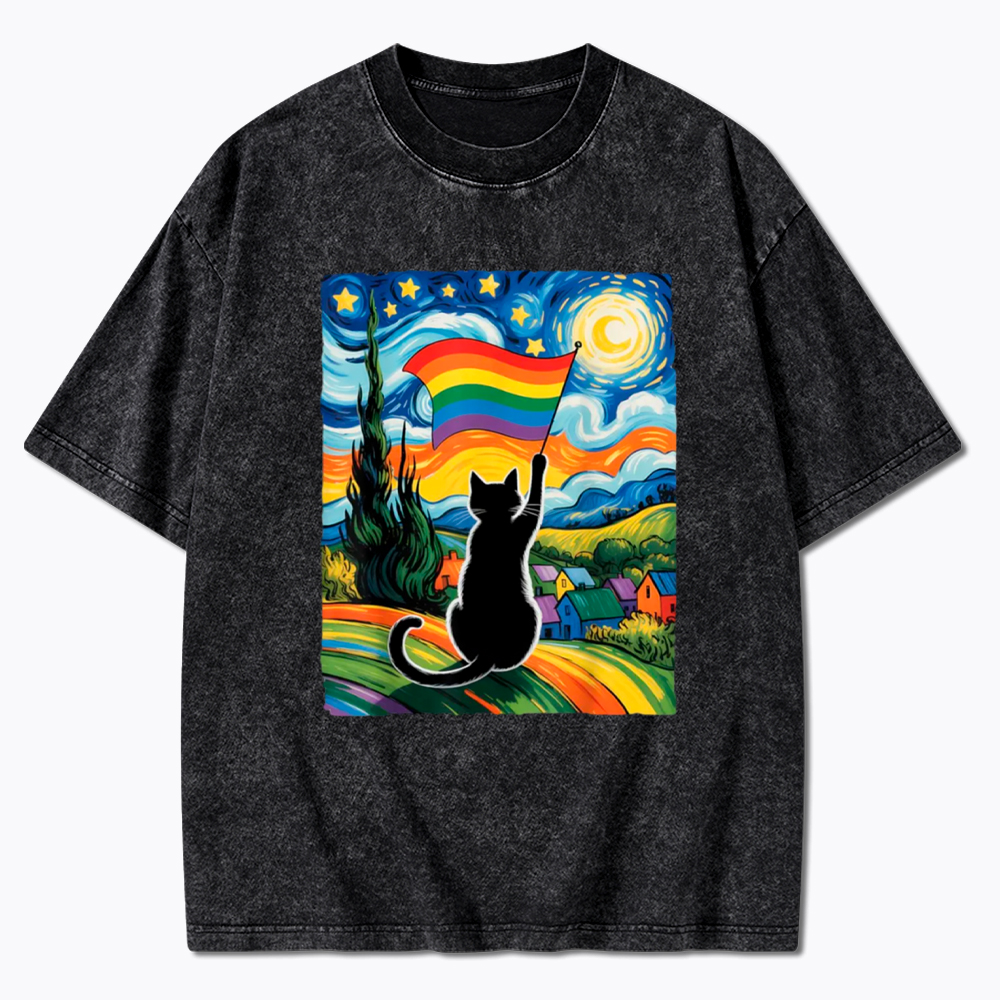 LGBTQ Star Night Impressionist Cat Washed T-Shirt