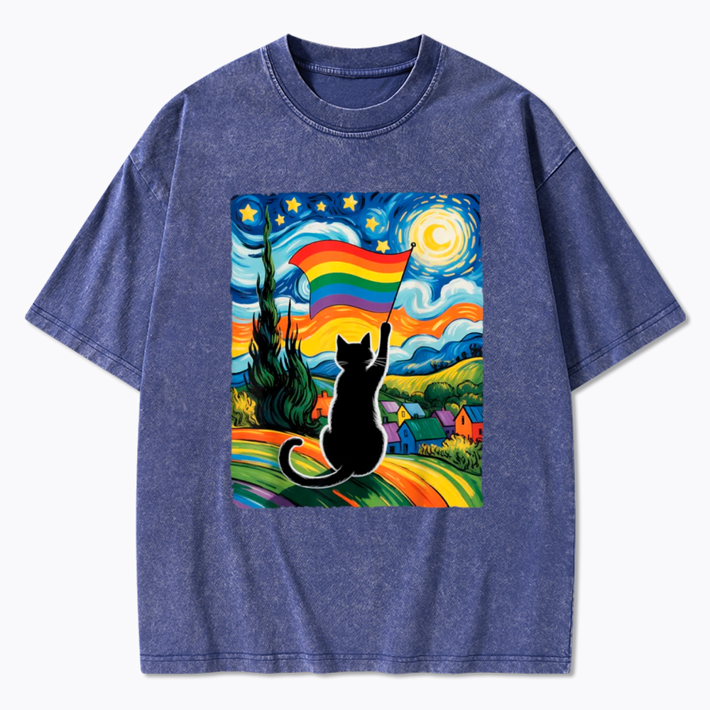 LGBTQ Star Night Impressionist Cat Washed T-Shirt