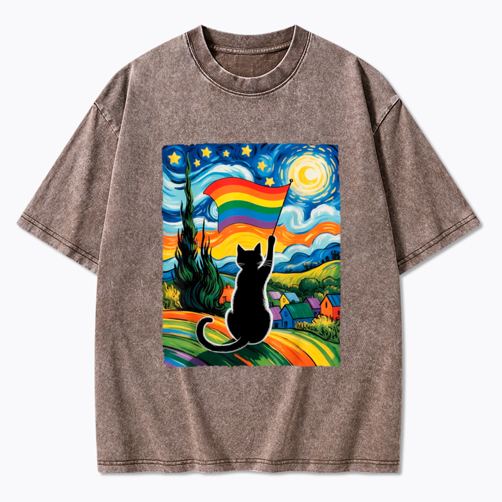 LGBTQ Star Night Impressionist Cat Washed T-Shirt