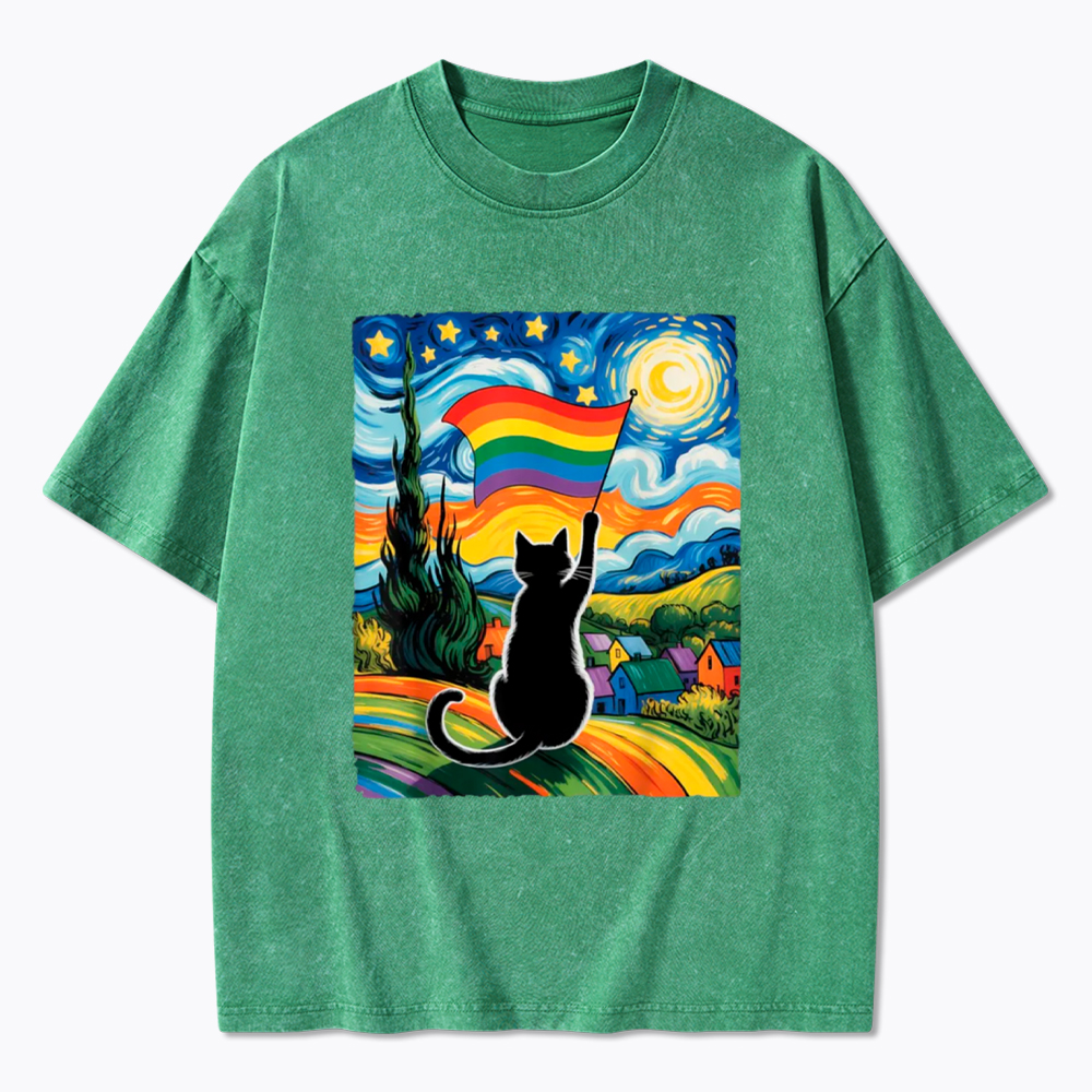 LGBTQ Star Night Impressionist Cat Washed T-Shirt