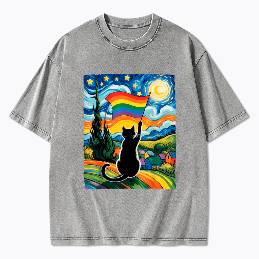 LGBTQ Star Night Impressionist Cat Washed T-Shirt