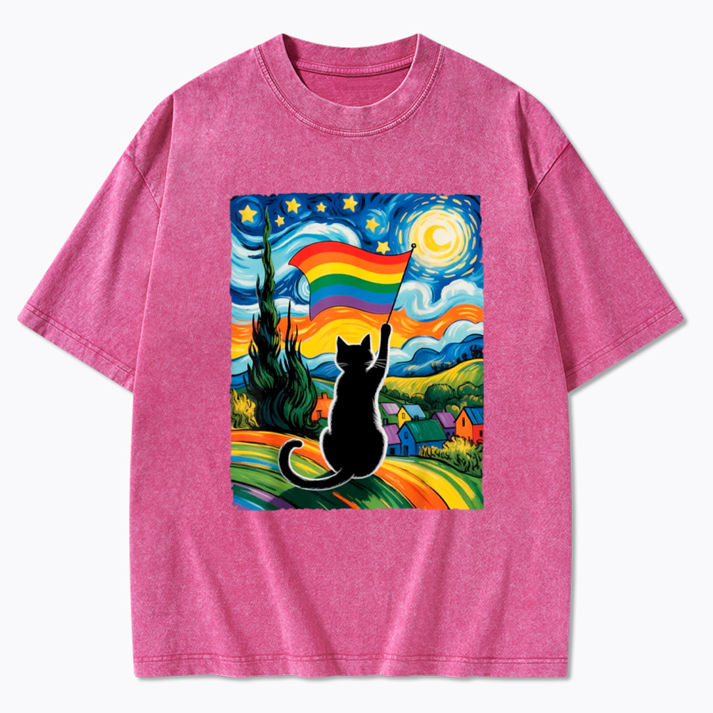 LGBTQ Star Night Impressionist Cat Washed T-Shirt
