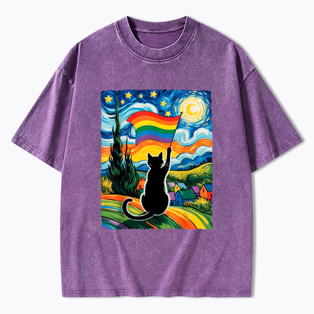 LGBTQ Star Night Impressionist Cat Washed T-Shirt