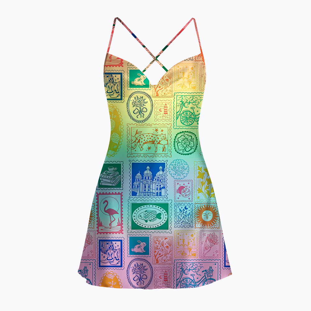 Vintage Postage Stamp Rainbow Satin Cross Back Mini Dresses