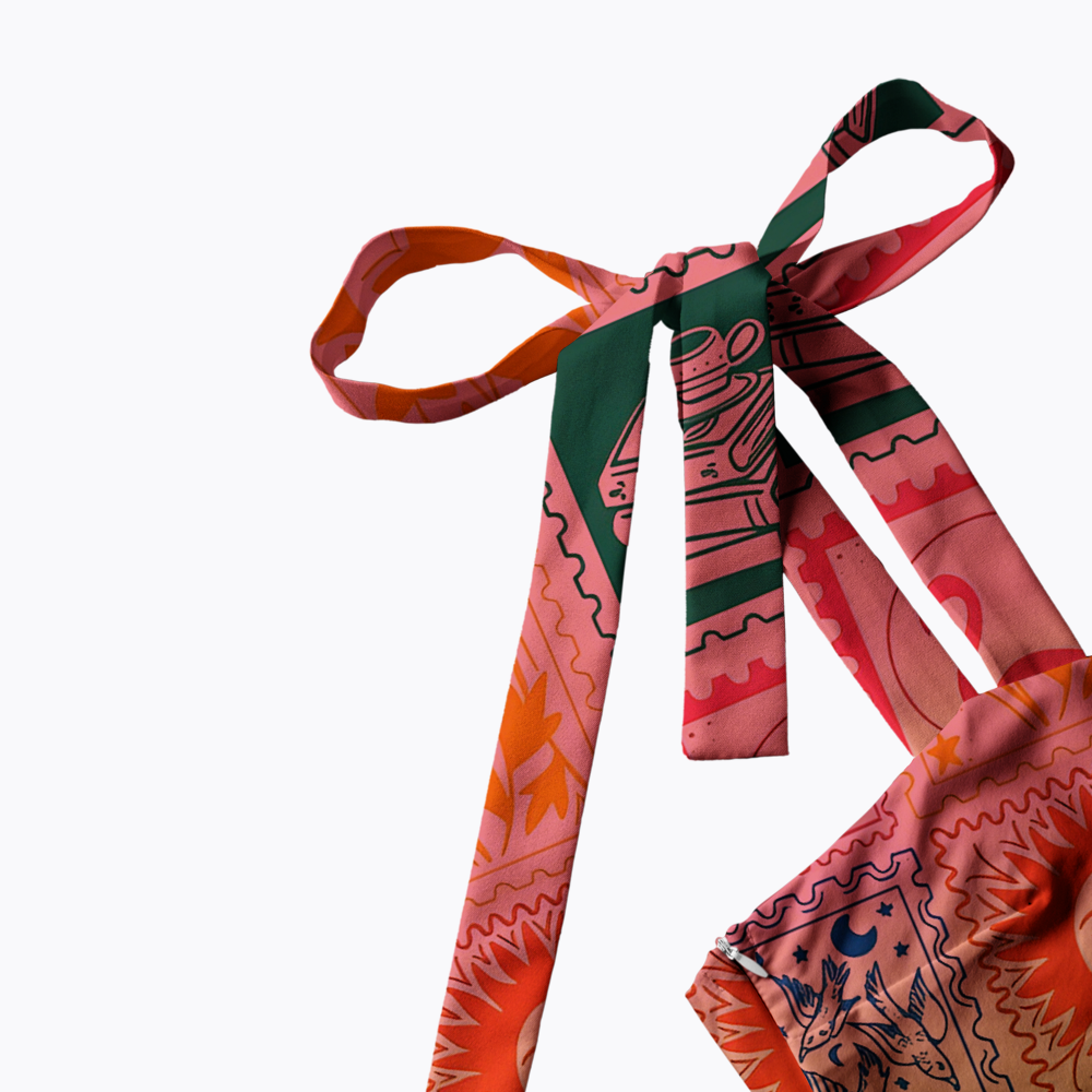 Vintage Postage Stamp Rainbow Tie Shoulder Maxi Dress