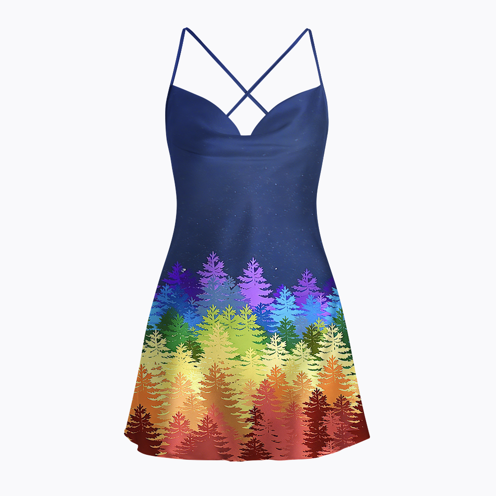 Gradient Rainbow Forest Starry Night Satin Cross Back Mini Dresses