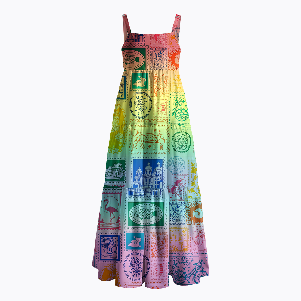 Vintage Postage Stamp Rainbow Maxi Dress