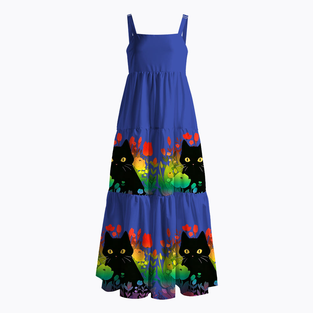 Rainbow Cat with Flowers Maxi Dress
