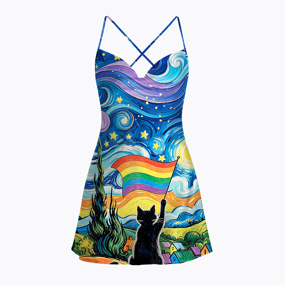 LGBTQ Star Night Impressionist Cat Satin Cross Back Mini Dresses