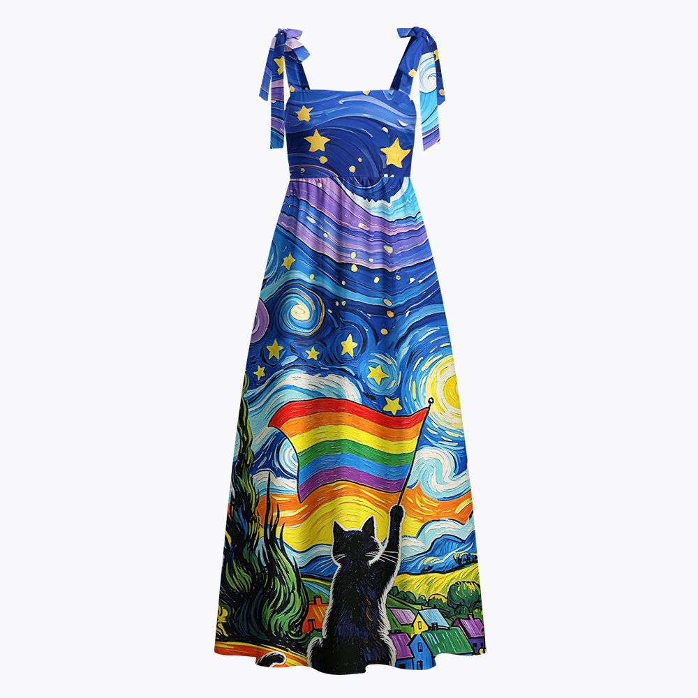 LGBTQ Star Night Impressionist Cat Tie Shoulder Maxi Dress
