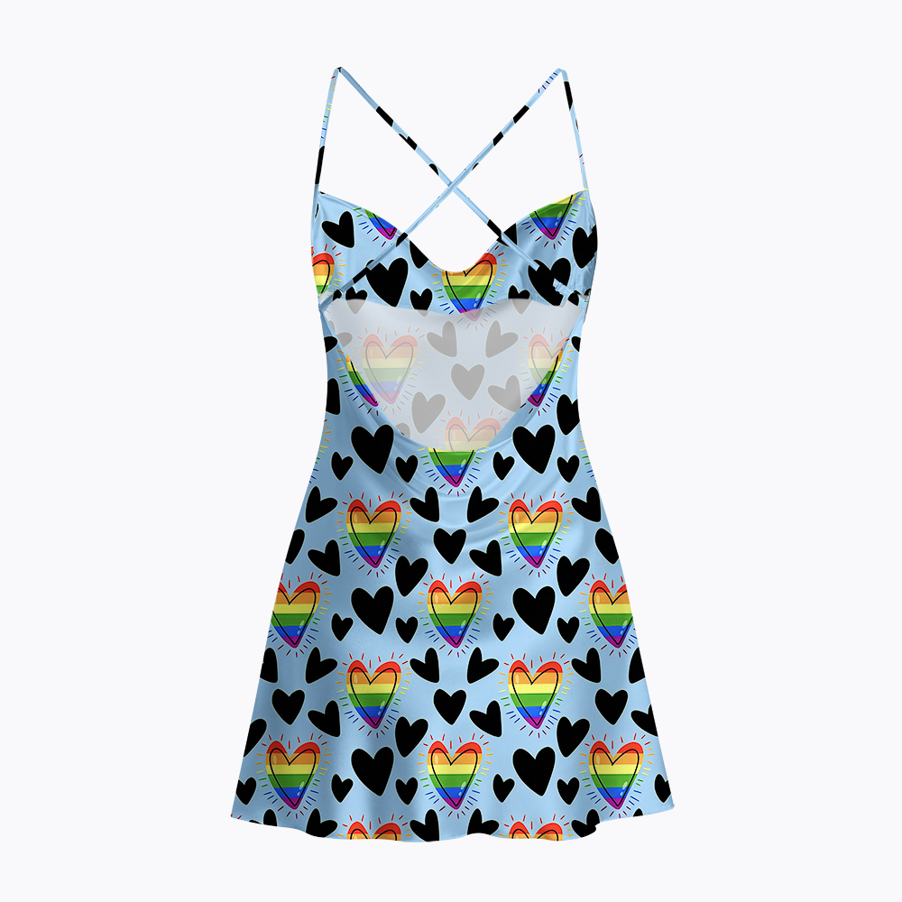 Rainbow Flag Symbols & Hearts Satin Cross Back Mini Dresses