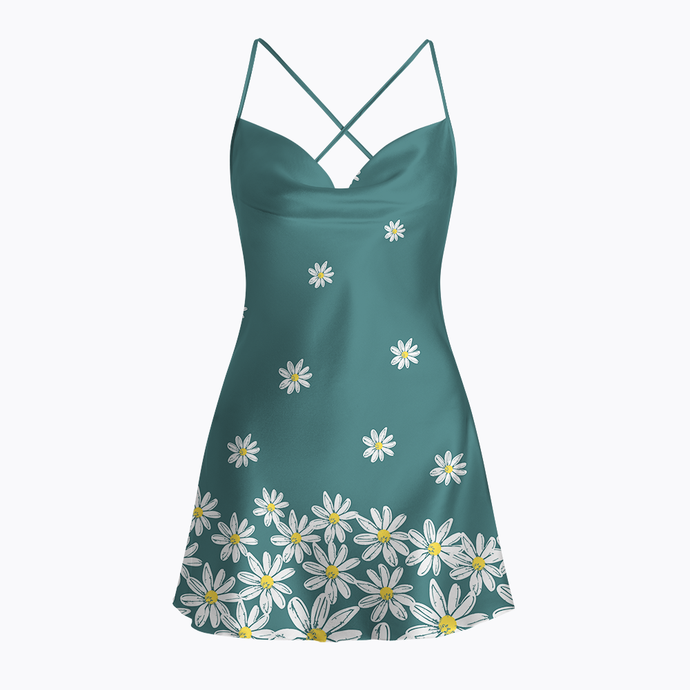 Floral Daisy Satin Cross Back Mini Dresses