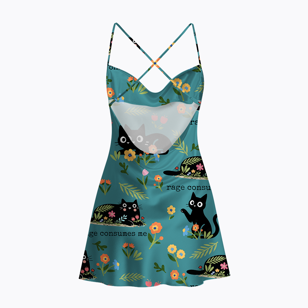 Rage Consumes Me Cat Satin Cross Back Mini Dresses