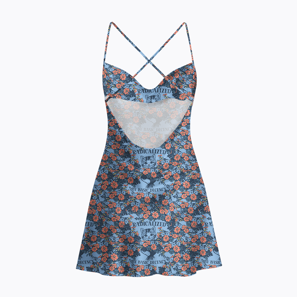Radicalized By Basic Decency Cat Floral Feminist Satin Cross Back Mini Dresses