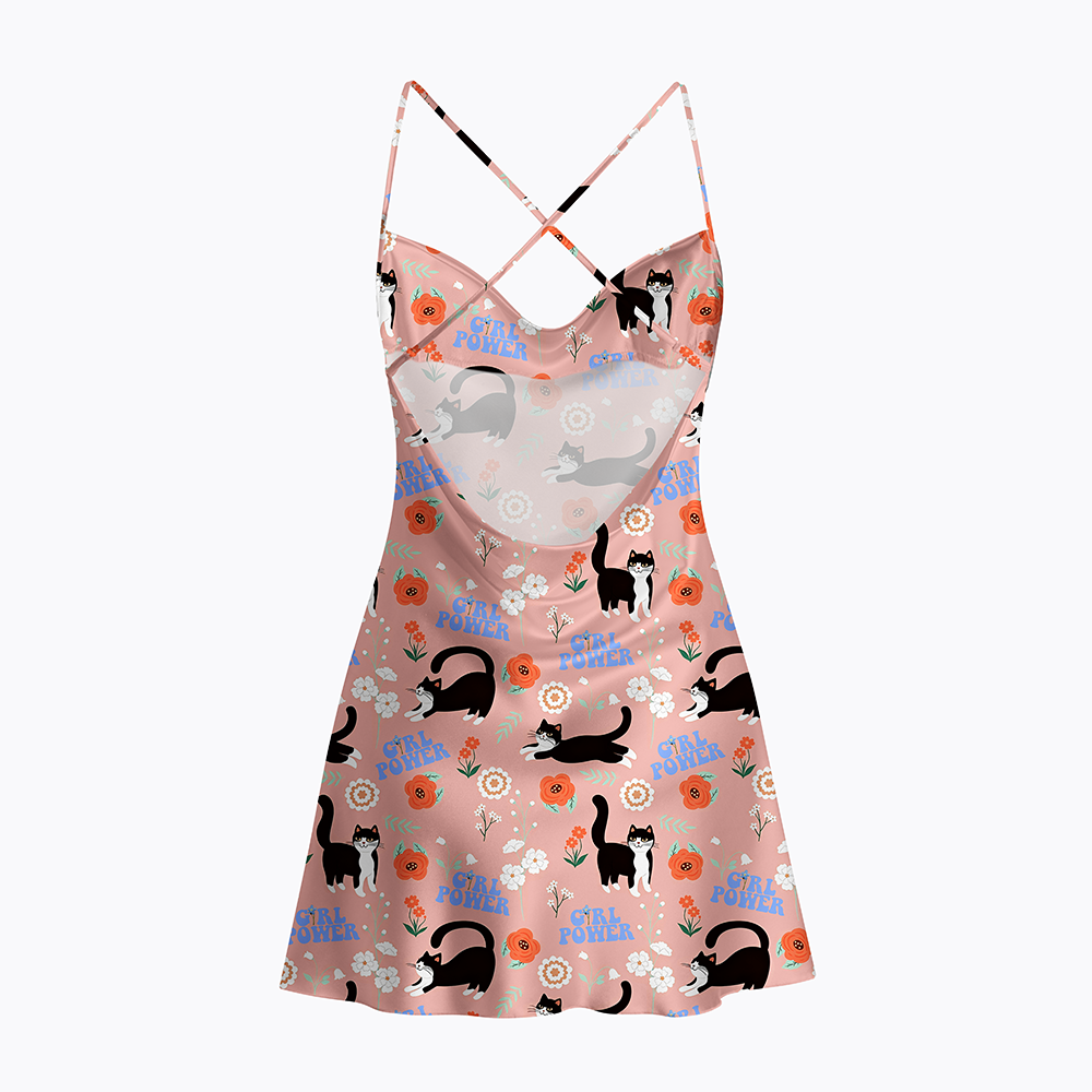 Girl Power Black Cat Satin Cross Back Mini Dresses