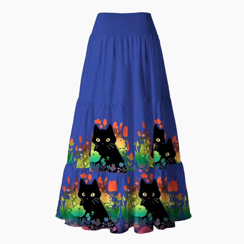 Rainbow Cat with Flowers Maxi Skirt