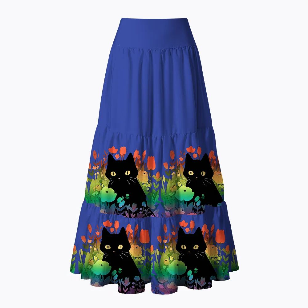 Rainbow Cat with Flowers Maxi Skirt