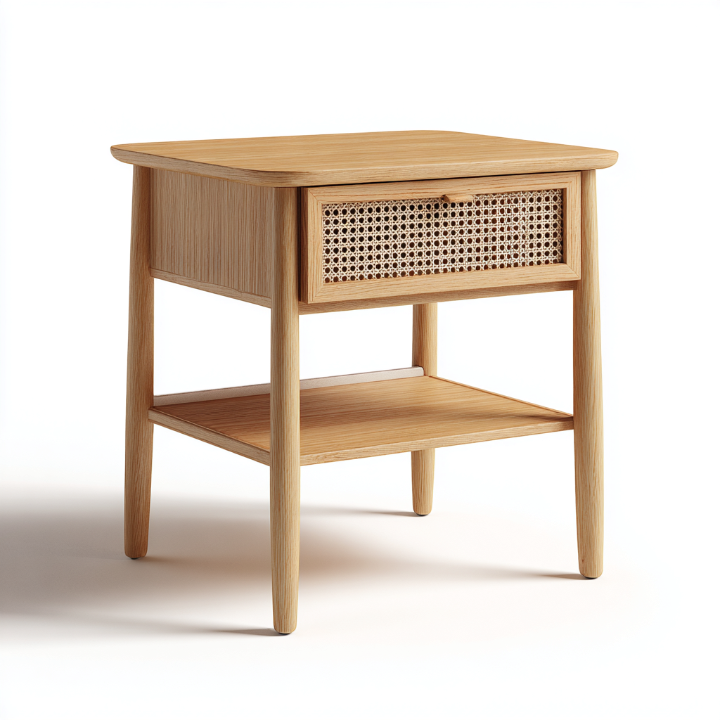 Table de chevet Bois/Rotin 45x35 cm – Naturel – Style scandinave-Dengetmart