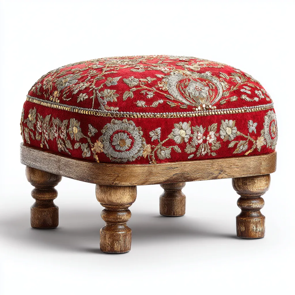 Pouf Bois/Tissu 38x38x32 cm – Rouge/Bois – Style traditionnel-Dengetmart