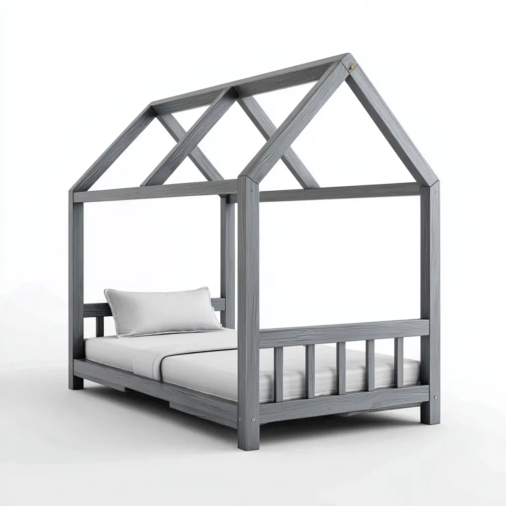 Lit enfant bois 190x90 cm – gris – style maison-Dengetmart