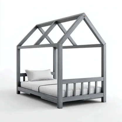 Lit enfant bois 190x90 cm – gris – style maison-Dengetmart