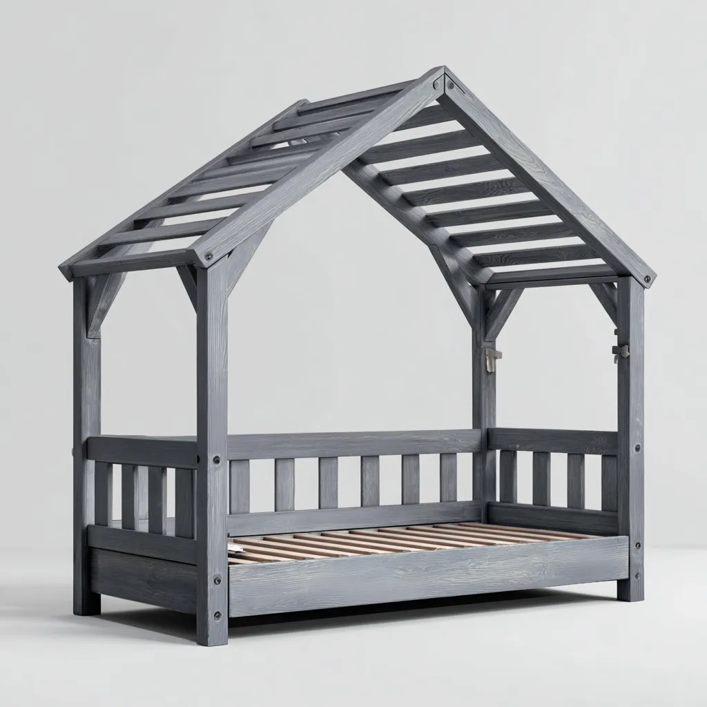 Lit enfant bois 200×100×160 cm – gris – style cabane-Dengetmart