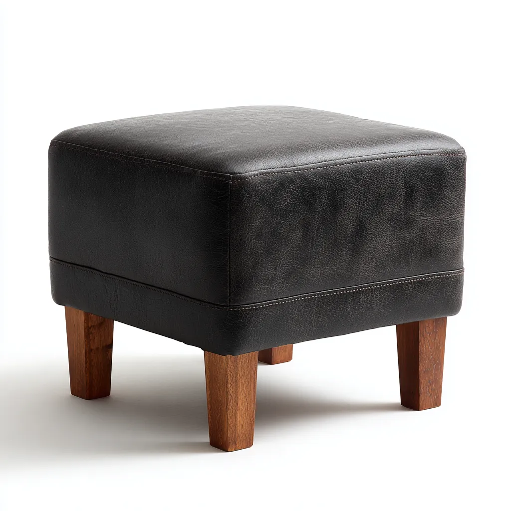 Pouf Similicuir/Bois 32x32x38 cm – Noir/Bois – Style moderne-Dengetmart