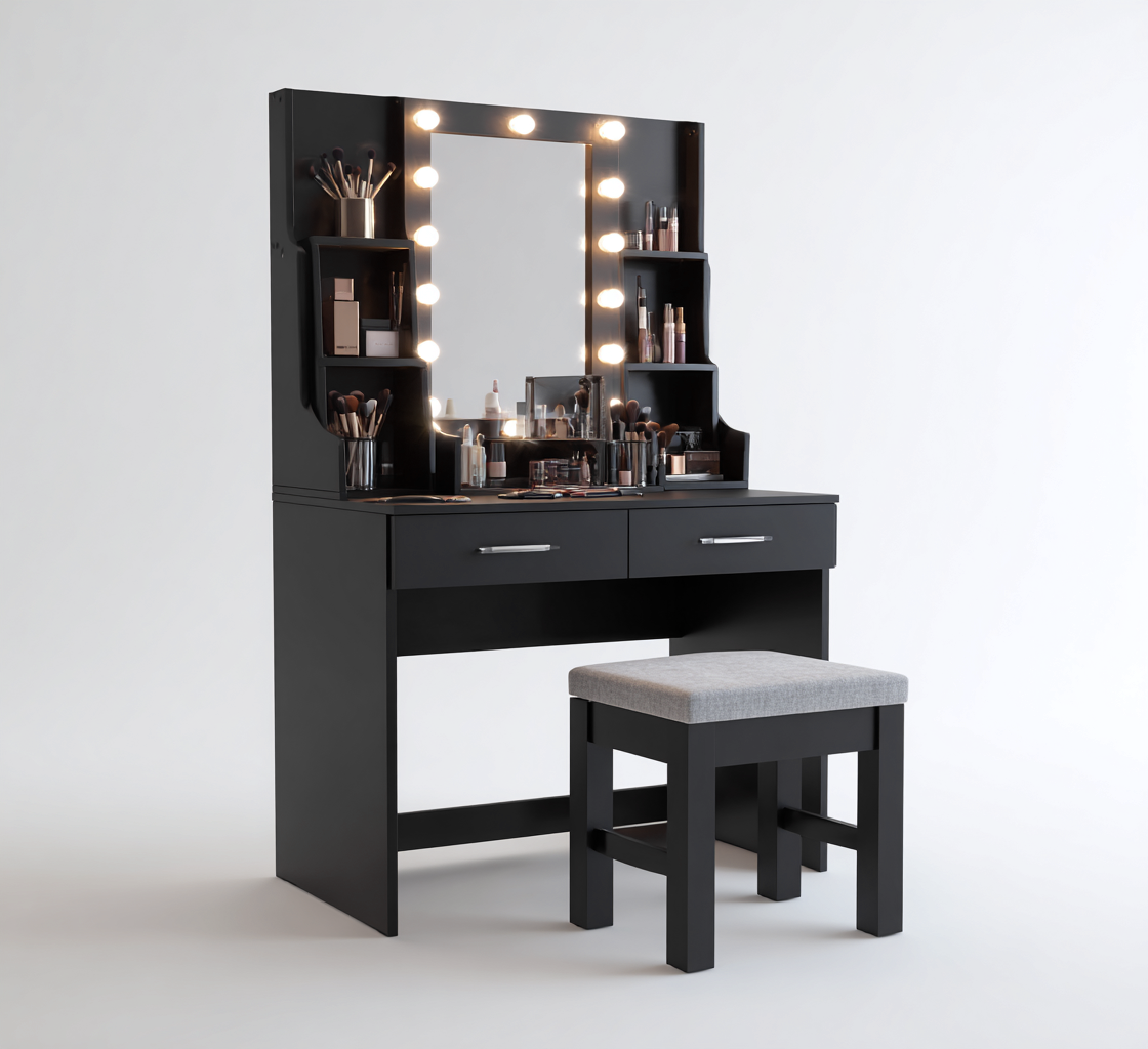 Coiffeuse bois composite 95x40x145 cm – noir – design moderne avec miroir éclairé-Dengetmart