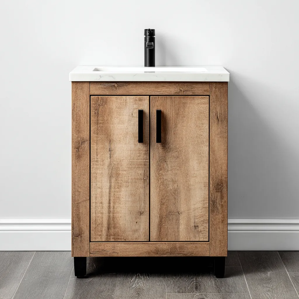 Meuble vasque bois naturel 60x45 cm - marron-blanc-noir - style contemporain-Dengetmart