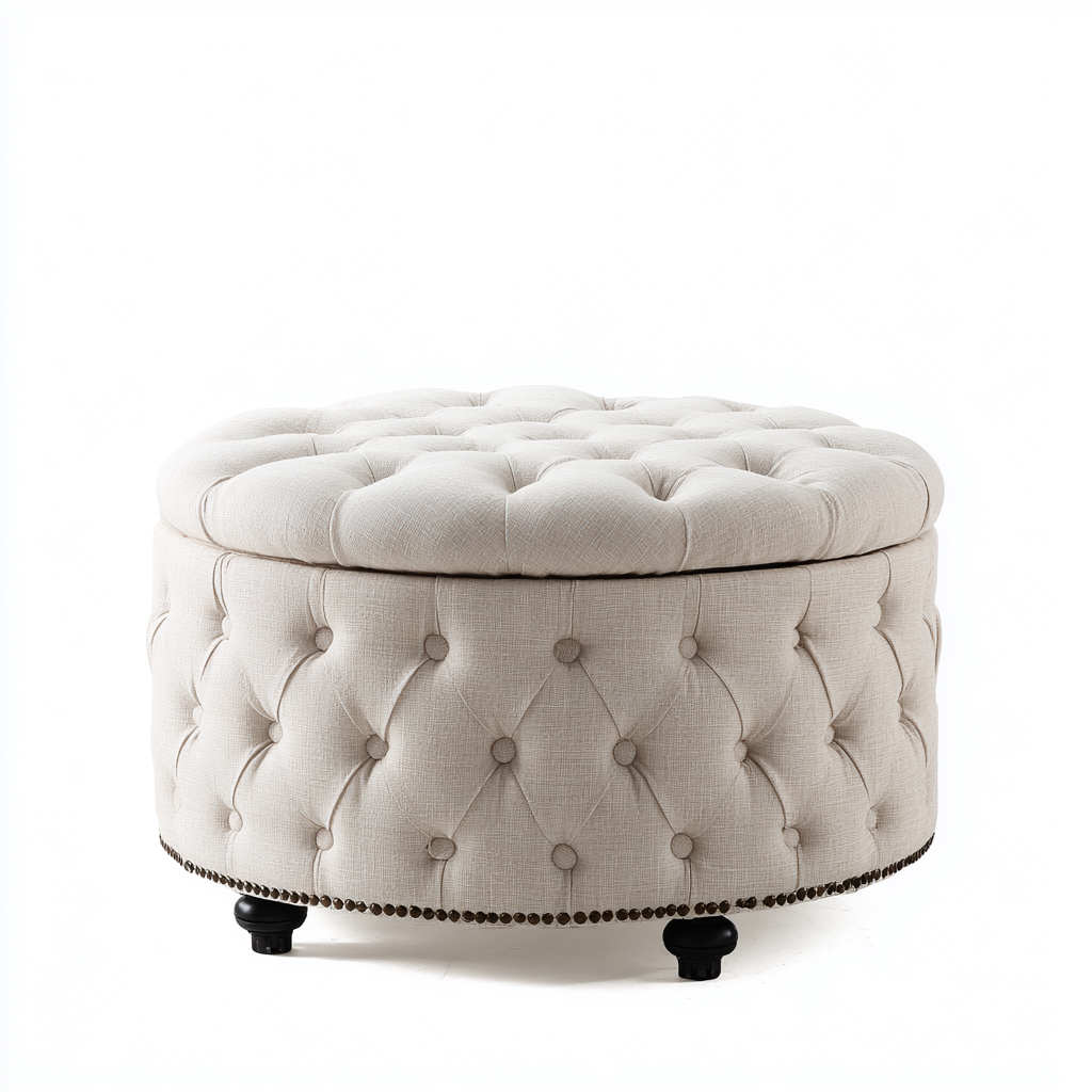 Pouf Tissu 70x70x45 cm – Beige – Style capitonné classique-Dengetmart