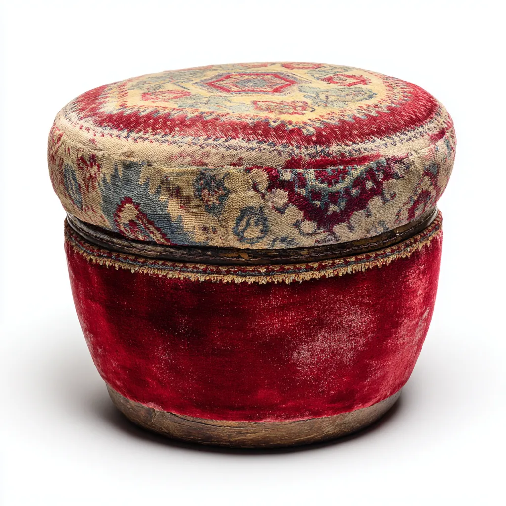 Pouf Bois/Tissu 40x40x35 cm – Rouge/Beige – Style vintage-Dengetmart