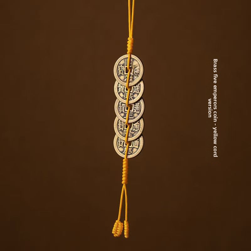 Pure copper Five Emperors coin door pendant with red and yellow rope, copper coin home decoration, Six Emperors coin keychain pendant