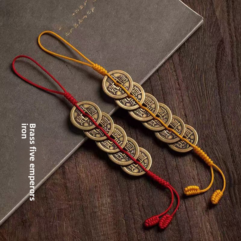 Pure copper Five Emperors coin door pendant with red and yellow rope, copper coin home decoration, Six Emperors coin keychain pendant
